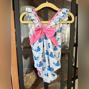 Classic Whimsy one piece swimsuit bow whales print ruffle todddler girl